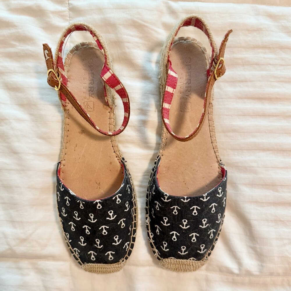 Sperry Top Sider Anchor Print Ankle Strap Espadrille Sandals Size 8 Nautical